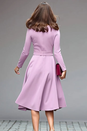 Lilac Round Neck A Line Midi Work Dress with Belt